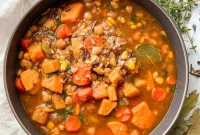 Hearty Wild Rice Soup with Fall Vegetables and Chickpeas