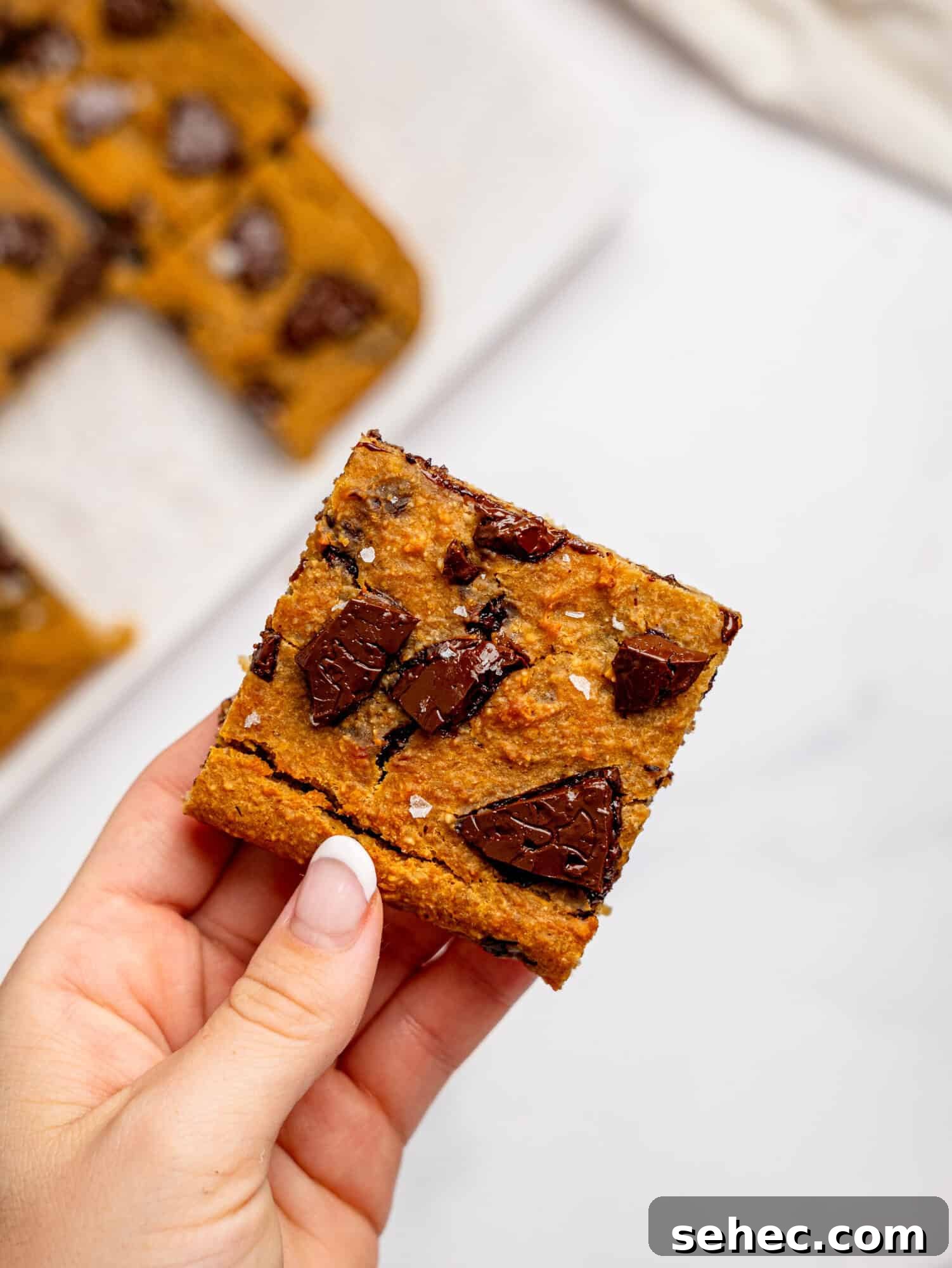 Gooey Chickpea Cookie Bars 7 A hand holding a chickpea cookie bar with dark chocolate.