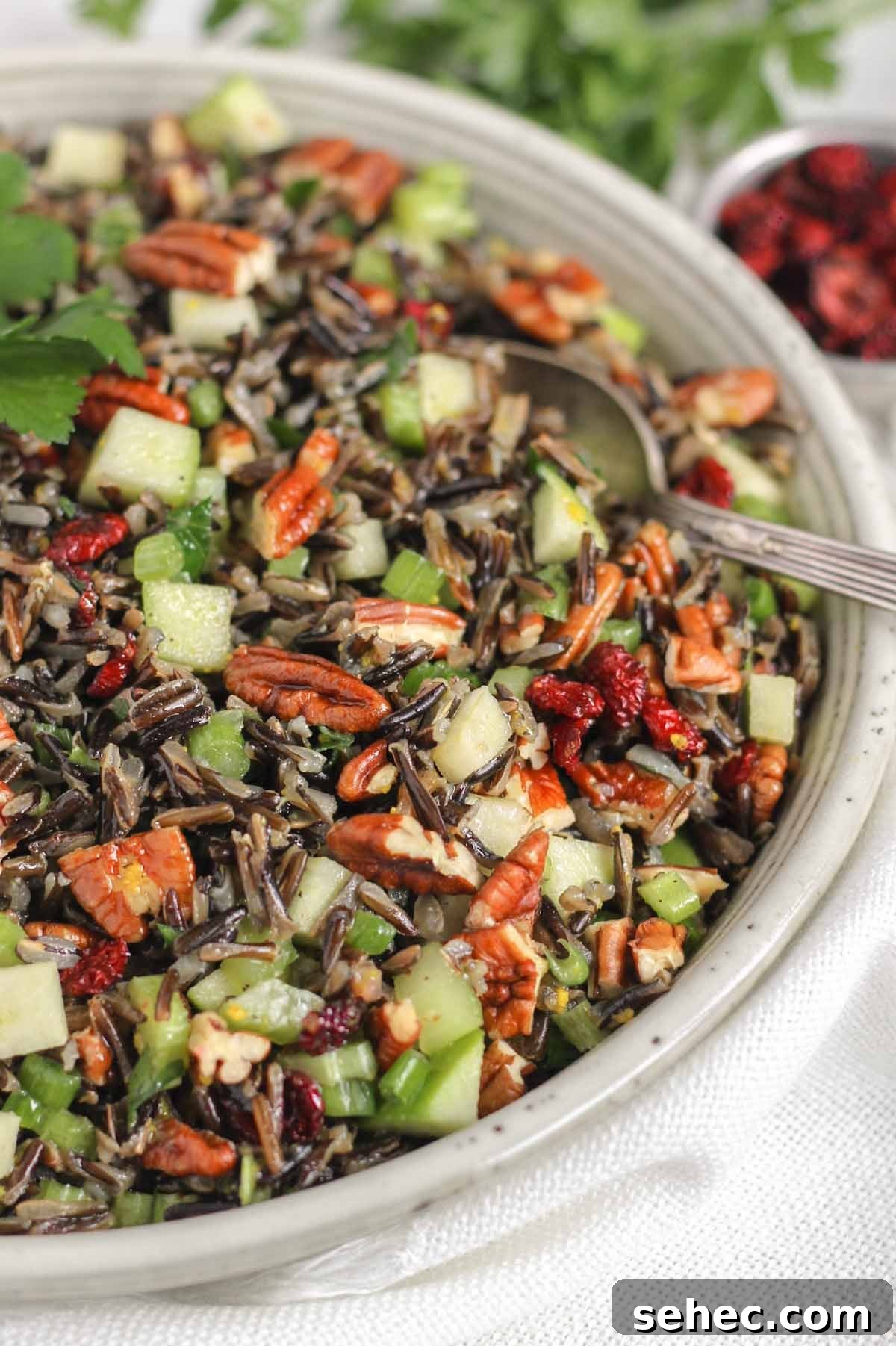 Cold Wild Rice Salad with Cranberries and Pecans 10 Cold wild rice salad with a vintage serving spoon in a ceramic serving bowl.