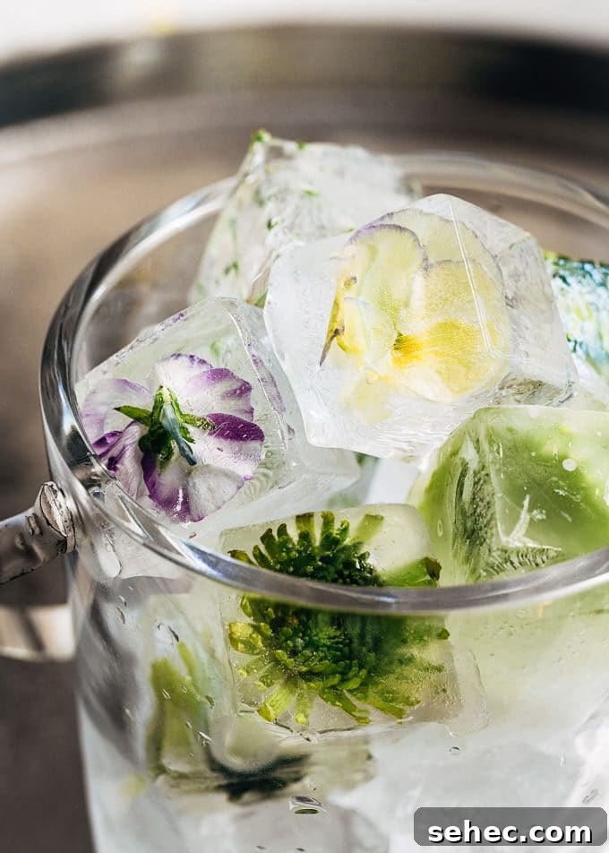 Chopin Spring Equinox Vodka Cocktail Recipe 5 flower ice cubes in an a crystal ice bucket