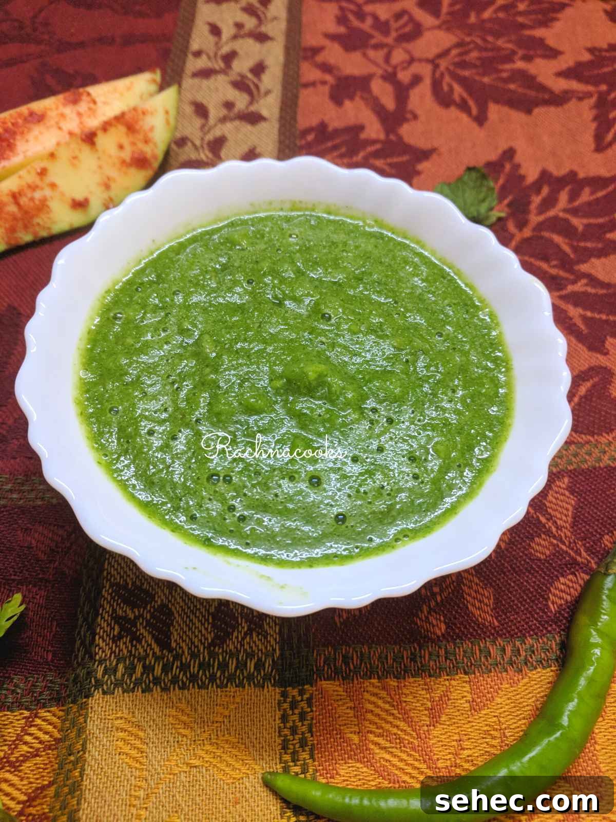 A bowl of green mango chutney