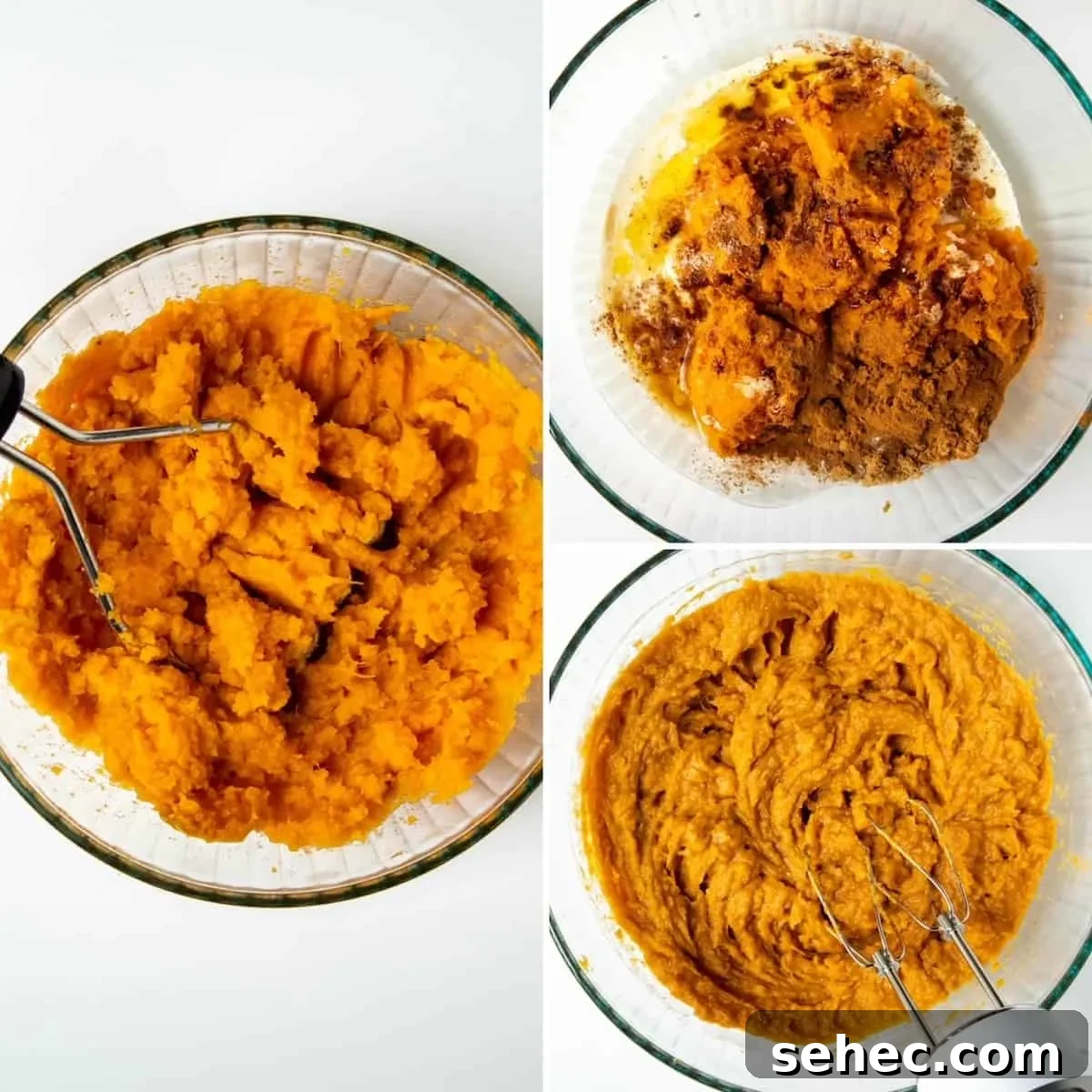 Classic Sweet Potato Casserole with Pecan Topping 6 Three-photo process collage showing the sweet potato filling being mixed.