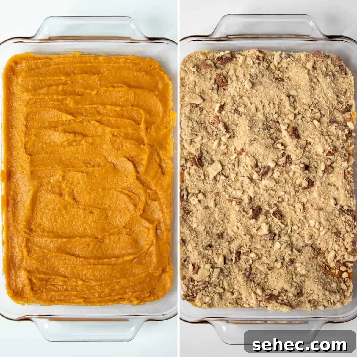 Classic Sweet Potato Casserole with Pecan Topping 7 Two-photo process collage showing the sweet potato casserole being assembled in a baking dish.