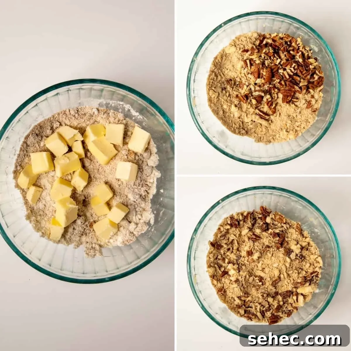 Classic Sweet Potato Casserole with Pecan Topping 5 Three-photo process collage showing how to make the pecan streusel topping.