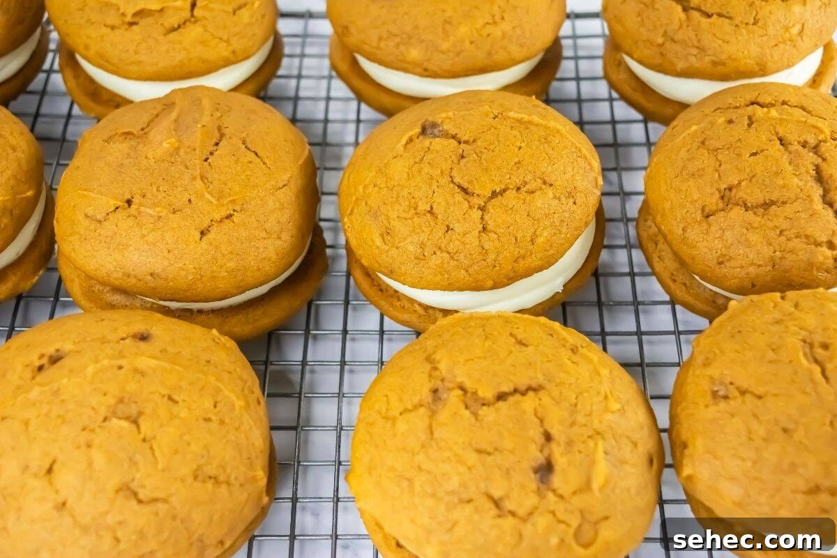 17 Buttery Fall Cookie Recipes for Cozy Shorter Days 12 Pumpkin whoopie pies with cream filling are arranged in rows on a wire cooling rack.