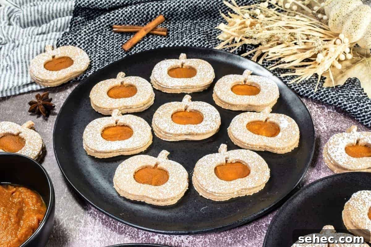 17 Buttery Fall Cookie Recipes for Cozy Shorter Days 17 A black plate holds Pumpkin Linzer cookies dusted with powdered sugar.