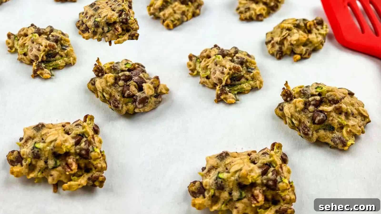 17 Buttery Fall Cookie Recipes for Cozy Shorter Days 19 A batch of Zucchini cookies with chocolate & pecan on a parchment-lined baking sheet.