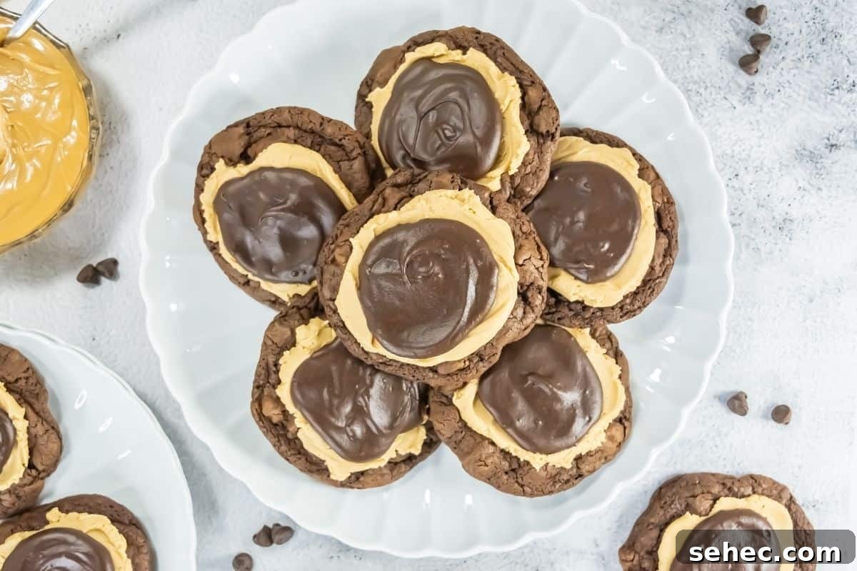 17 Buttery Fall Cookie Recipes for Cozy Shorter Days 8 A white plate holds several chocolate cookies topped with a layer of peanut butter and a swirl of chocolate ganache.