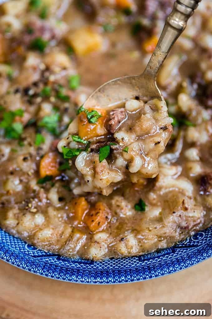 Hearty and delicious slow cooker beef and barley soup - the ultimate comfort food.