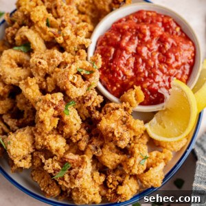 Crispy Fried Calamari with Tender Squid Rings 7 fried calamari on a plate for serving with a side of marinara sauce and lemon wedge.