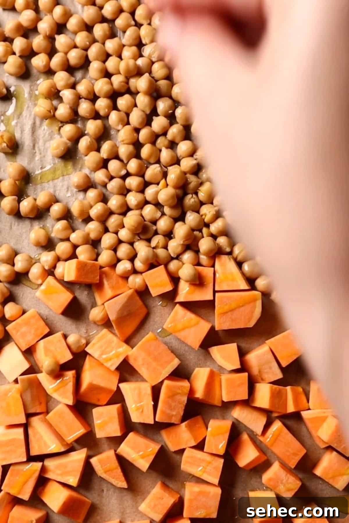 Roasted Sweet Potato and Kale Salad 3 sweet potato and chickpeas on baking pan