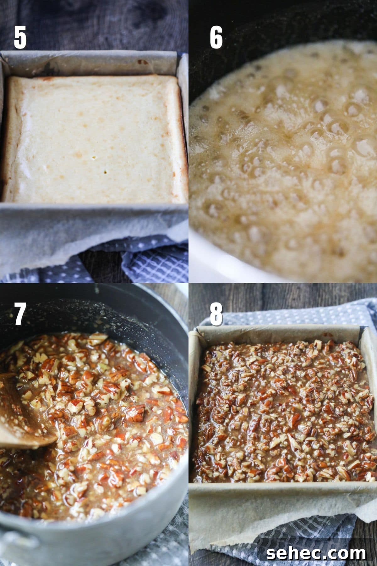 Pecan Pie Cheesecake Bars Recipe 5 step by step photos for pecan pie cheesecake bars.
