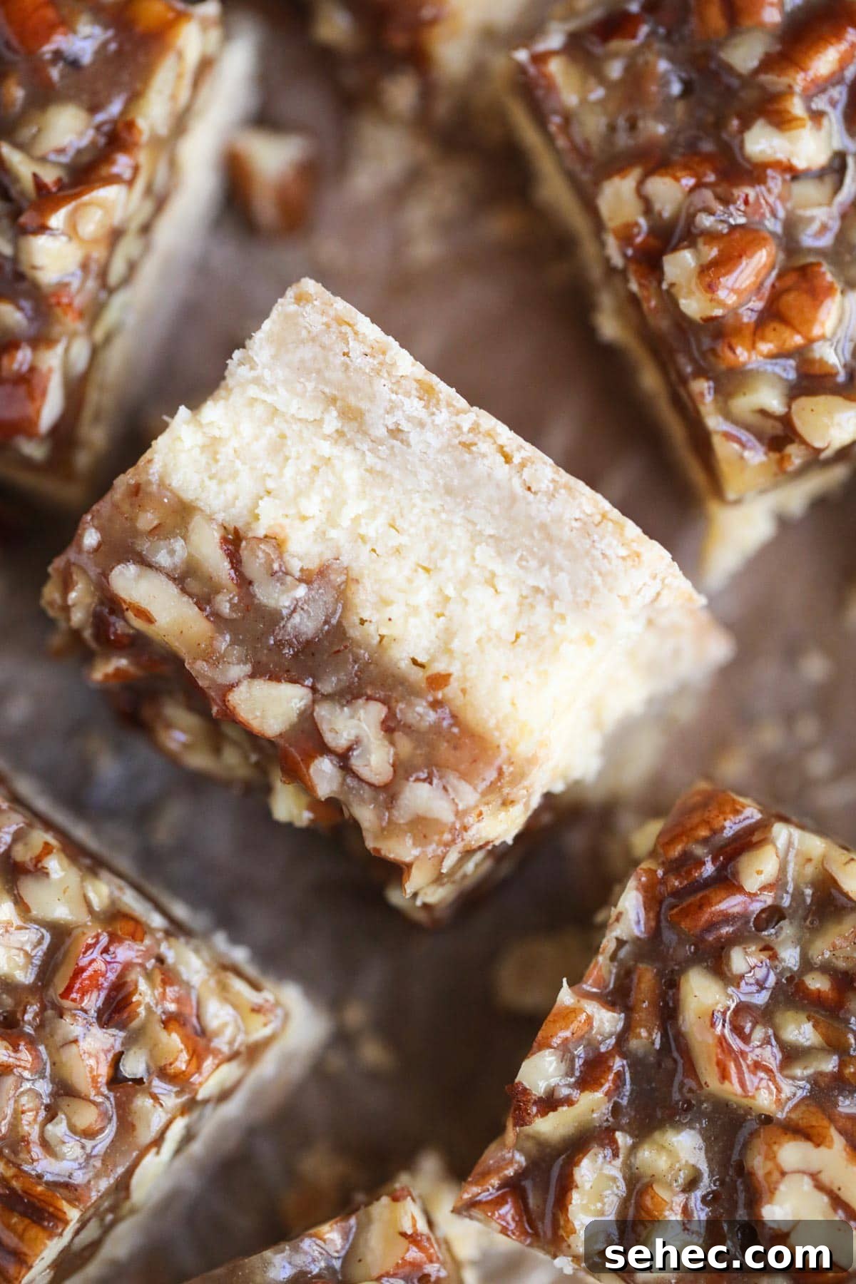 Pecan Pie Cheesecake Bars Recipe 8 pecan pie cheesecake bars on parchment paper.