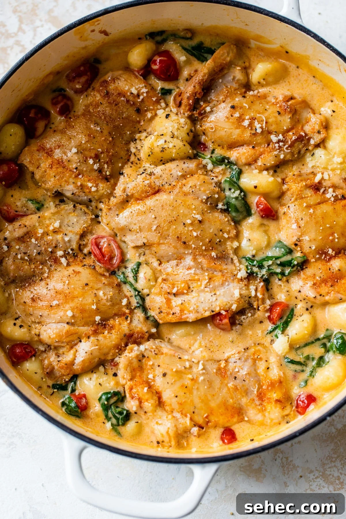 Creamy Chicken Gnocchi Skillet Recipe 3 a large skillet filled with cooked chicken thighs, tomatoes, spinach, and gnocchi and a creamy sauce