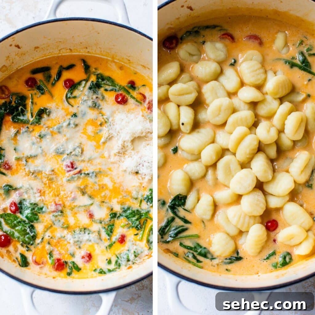Creamy Chicken Gnocchi Skillet Recipe 6 2 images: skillet with creamy sauce, spinach, tomatoes, and cheese on the left and with cooked gnocchi added to it on the right