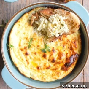 Baked Ricotta Dip with Thyme and Parmesan 7 A close up cropped square image of baked ricotta in a blue ceramic round dish topped with a slice of crusty bread dipped in