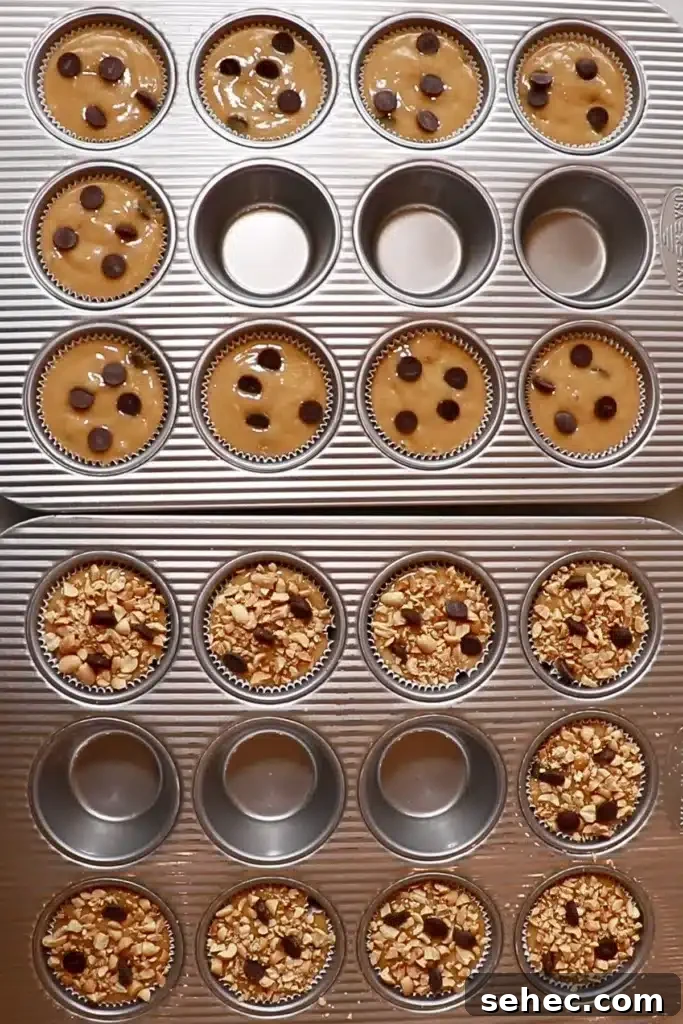 Soft Peanut Butter Chocolate Chip Muffins 10 peanut butter muffin cake batter in cupcake pans before baking them