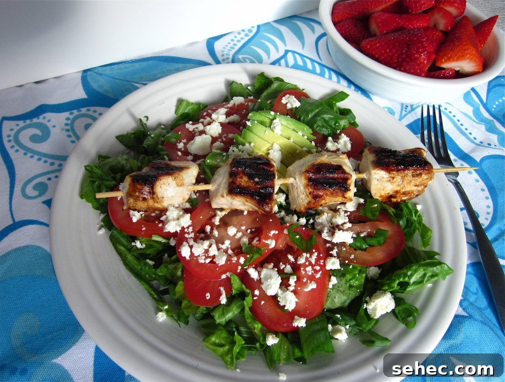 Chicken Kebab Salad with Cucumber and Yogurt Dressing 5 Chicken kebab salad ingredients with greens and feta