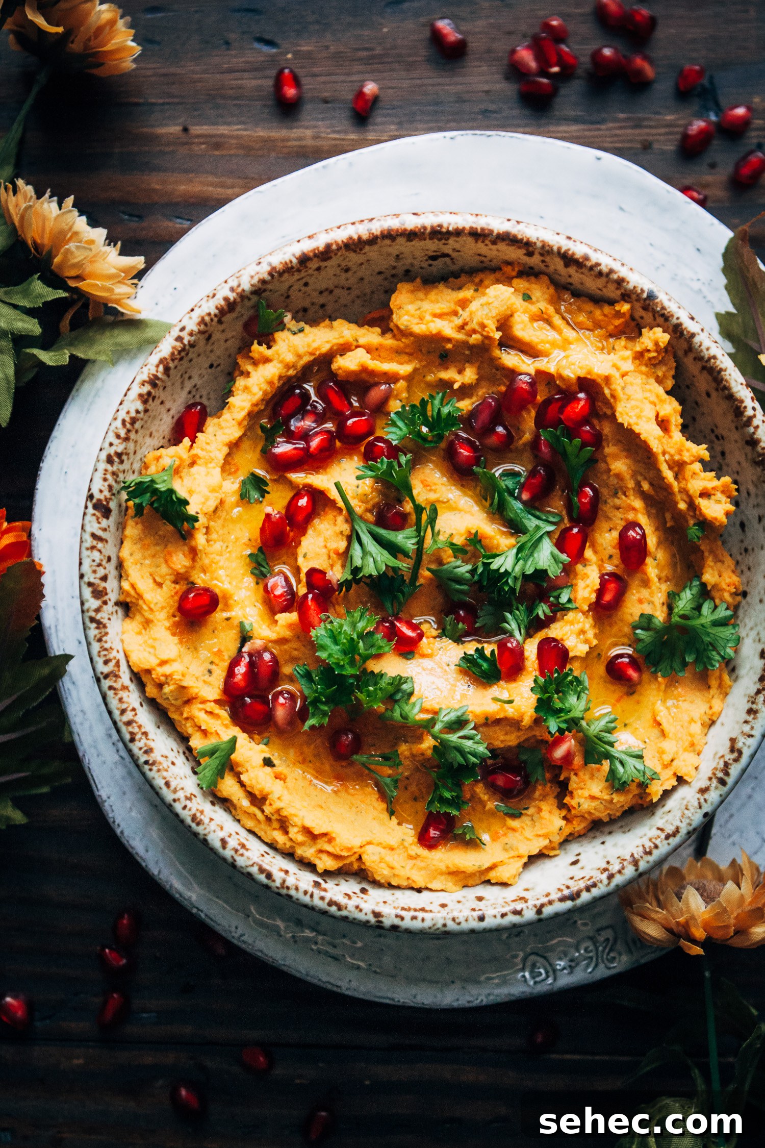 Vegan Holiday Hummus Recipe 2 Vegan Holiday Hummus with roasted carrots, rosemary, parsley, and pomegranate seeds