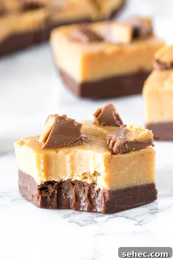 Chocolate Peanut Butter Buckeye Fudge Recipe 4 A piece of layered peanut butter chocolate fudge with a bite taken out of it.