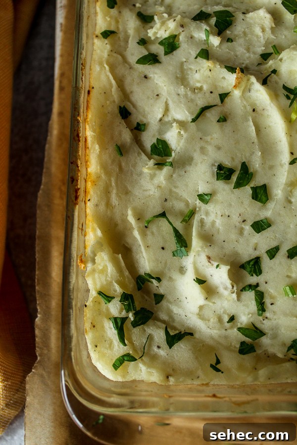 Ground Turkey Shepherds Pie Recipe 6 Perfectly browned mashed potatoes topped with parsley on top of turkey shepherds pie.