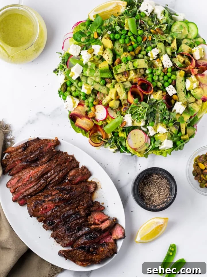 Spring Pea Salad with Lemon Mint Vinaigrette 11 white platter with thinly sliced steak, large white plate with spring pea salad