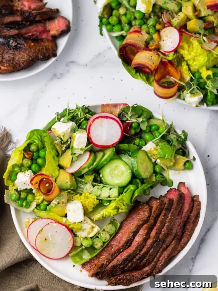 Spring Pea Salad with Lemon Mint Vinaigrette 12 plated salad and steak