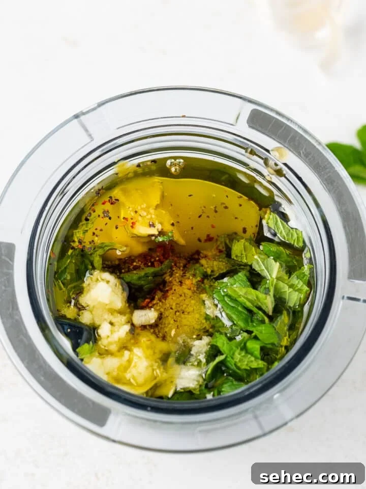 Spring Pea Salad with Lemon Mint Vinaigrette 5 mint dressing ingredients in a small blender cup