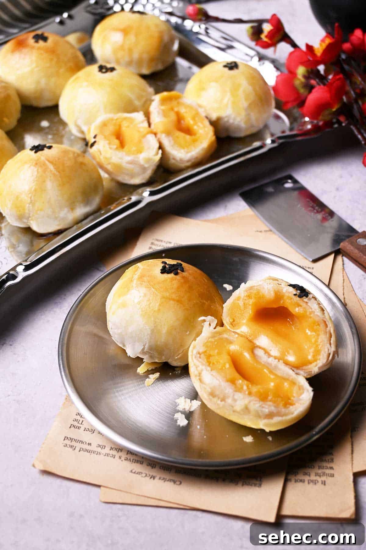 Thousand Layer Lava Custard Mooncakes Recipe 4 thousand layers lava custard mooncakes with flaky crust and oozing salted egg filling