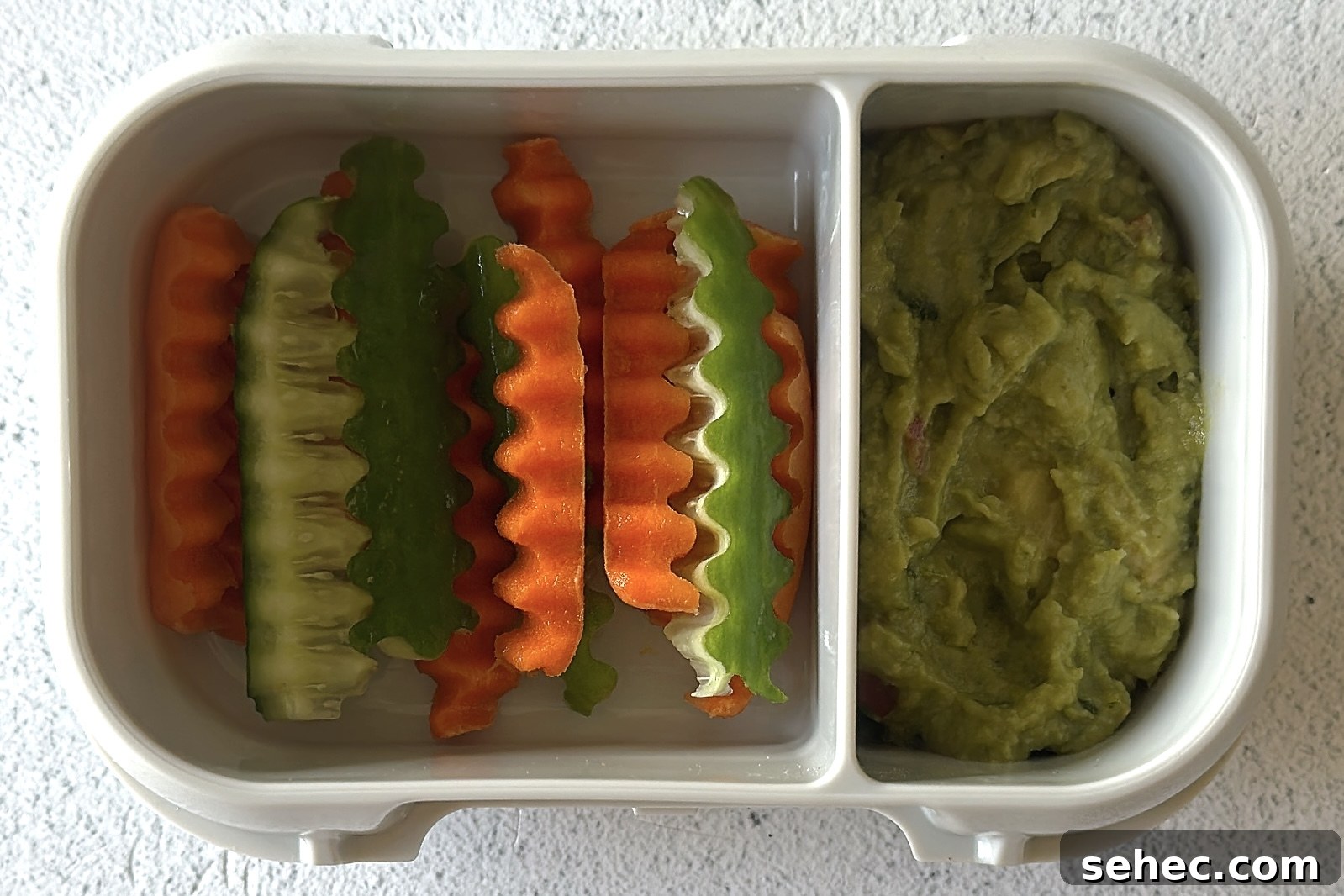 Nutritious School Snacks for Kids to Pack in Lunchboxes 14 Veggies and guacamole snackbox.