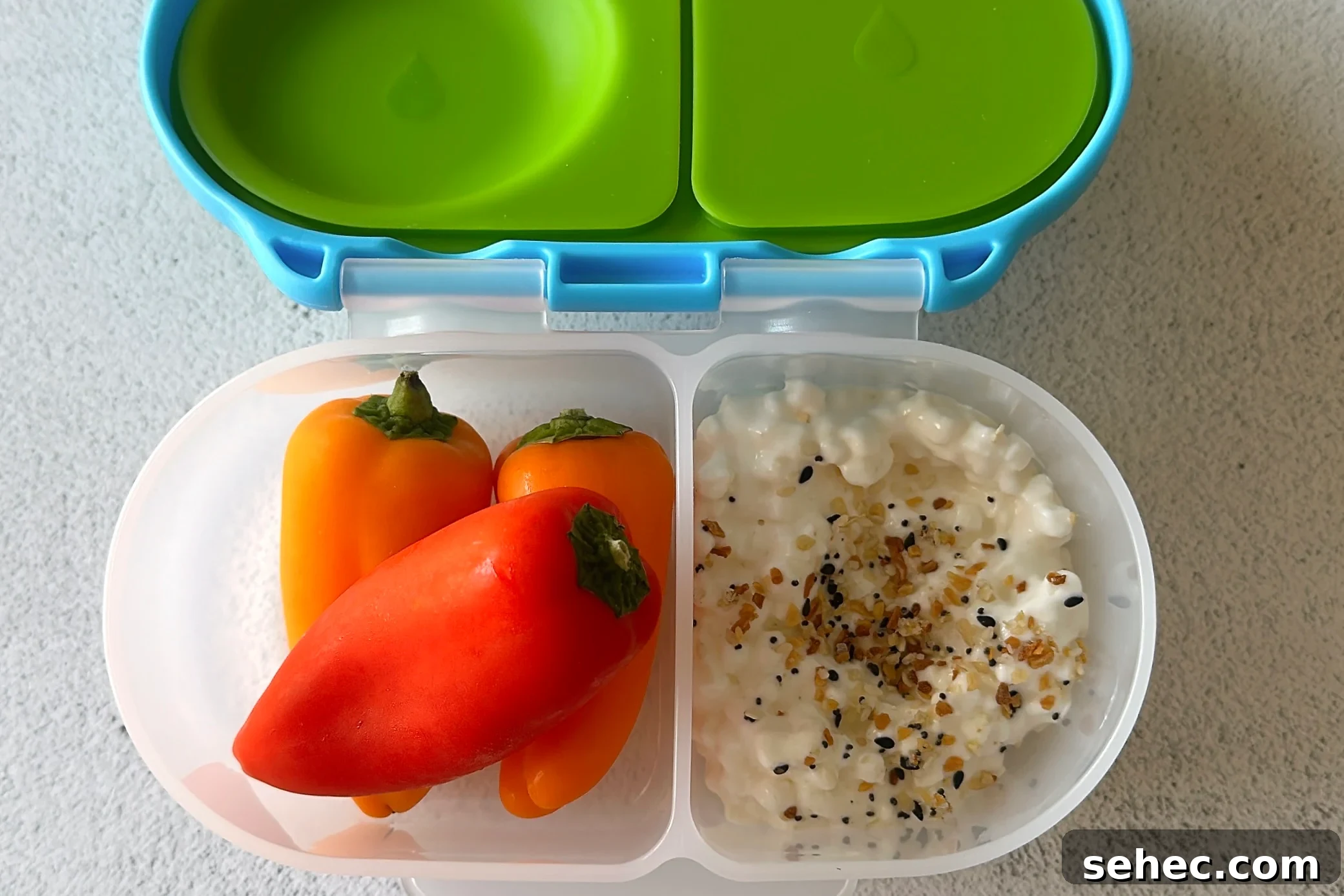 Nutritious School Snacks for Kids to Pack in Lunchboxes 9 Peppers and cottage cheese snackbox.