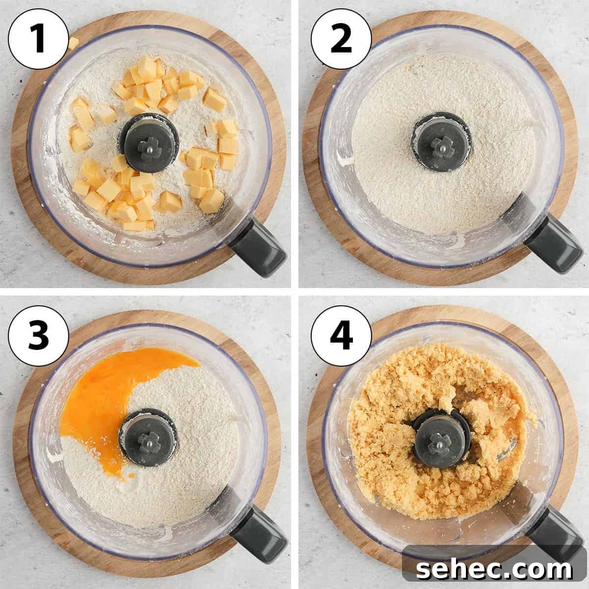 French Strawberry Custard Tart Recipe 4 Process shot collage showing the dough being made in a food processor.