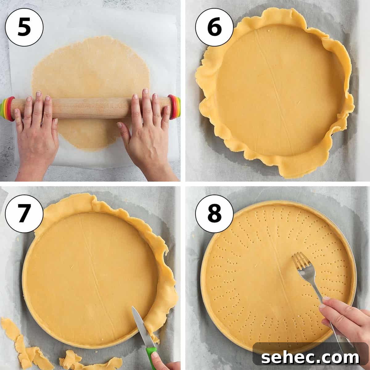 French Strawberry Custard Tart Recipe 5 Process shot collage showing the pastry being rolled and placed in a tart pan.