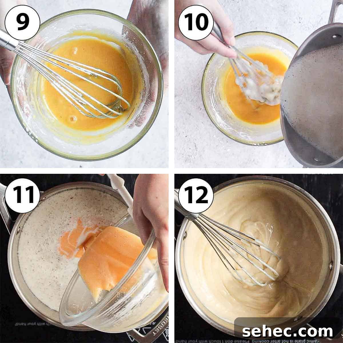 French Strawberry Custard Tart Recipe 6 Process shot collage showing the pastry cream being made.