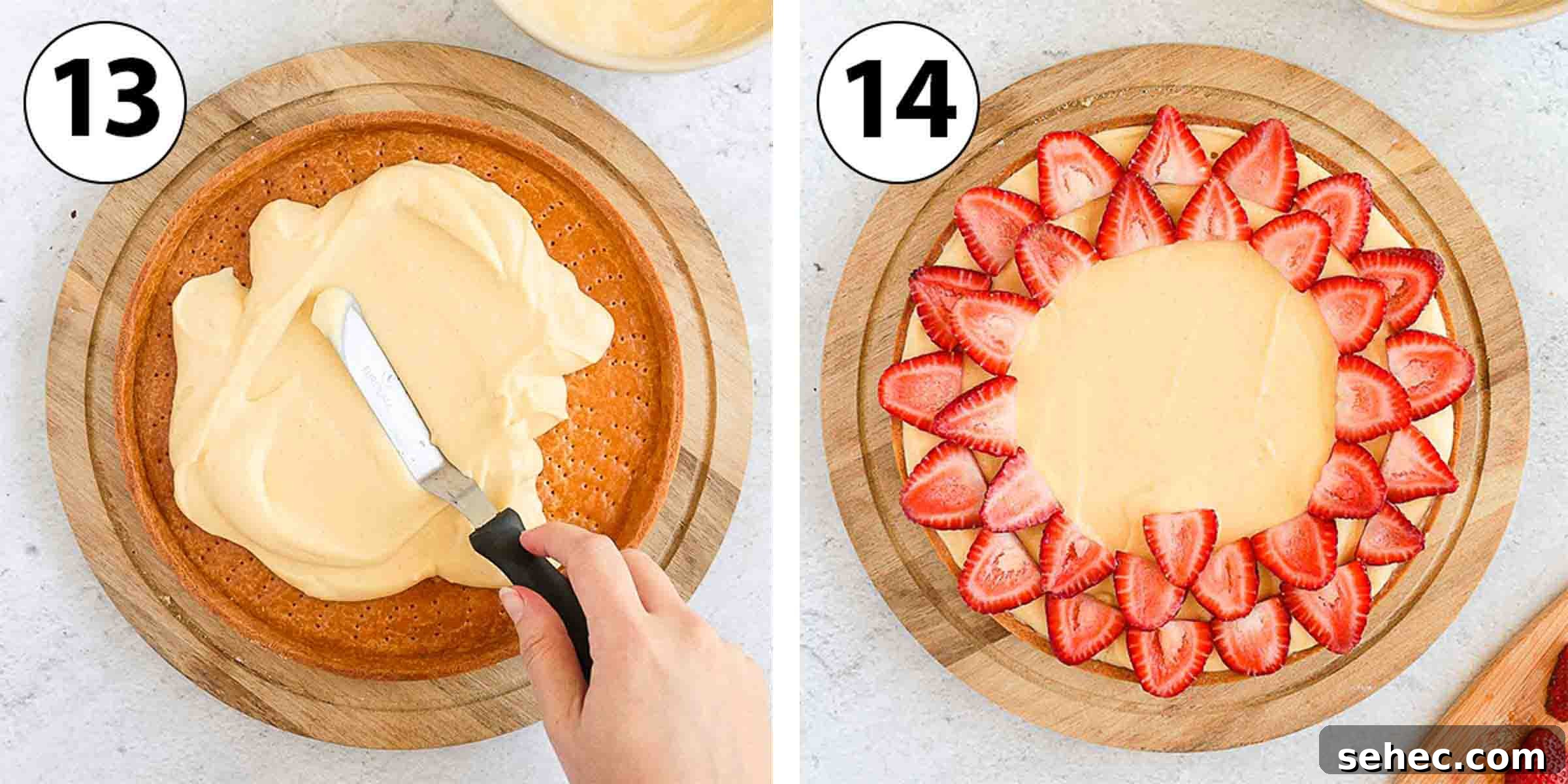 French Strawberry Custard Tart Recipe 7 Process shot collage showing the tart being assembled.