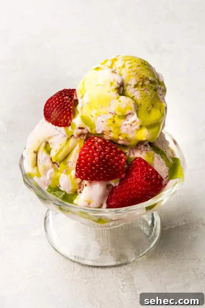 Strawberry Ice Cream with Fresh Basil Oil 8 strawberry ice cream with fresh strawberries topped with basil oil
