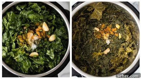 Sarson Ka Saag Recipe Stovetop and Instant Pot 17 Instant Pot filled with mustard greens and spinach, garlic, green chili pepper and turmeric ready to be cooked to make Sarson Ka Saag and cooked Sarson Ka Saag in an Instant Pot