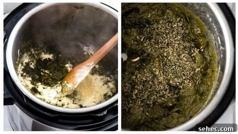 Sarson Ka Saag Recipe Stovetop and Instant Pot 19 Sauteing corn flour to make Instant Pot Sarson Ka Saag and adding dried fenugreek leaves (methi) to the Instant Pot for Sarson Ka Saag