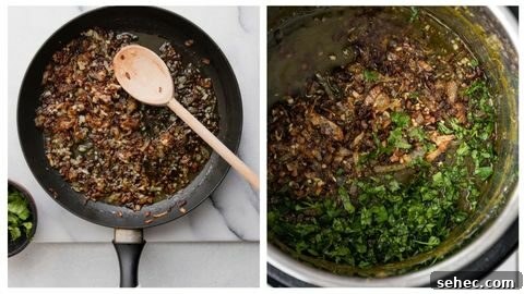 Sarson Ka Saag Recipe Stovetop and Instant Pot 20 Tadka or browned onions and minced ginger in a medium skillet ready to be mixed in with Sarson Ka Saag and tadka added to instant pot Sarson Ka Saag along with chopped cilantro