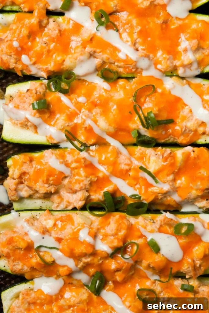 Buffalo Chicken Zucchini Boats Recipe 11 buffalo chicken zucchinis topped with ranch dressing drizzle