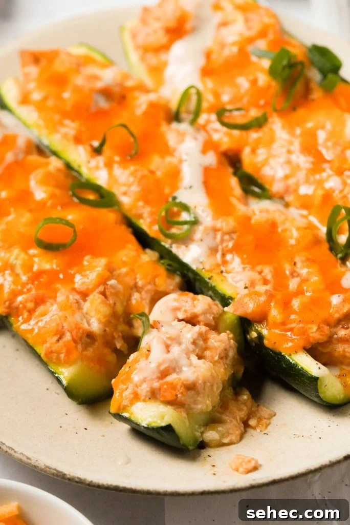 Buffalo Chicken Zucchini Boats Recipe 13 buffalo chicken zucchini boats on a plate