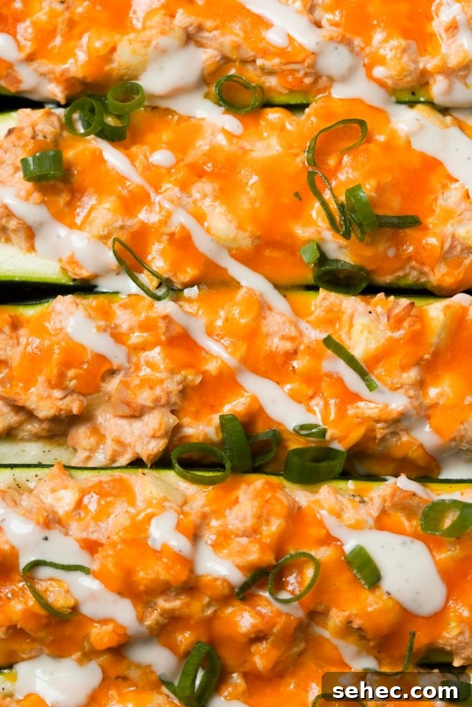 Buffalo Chicken Zucchini Boats Recipe 3 close up shot of zucchini boats