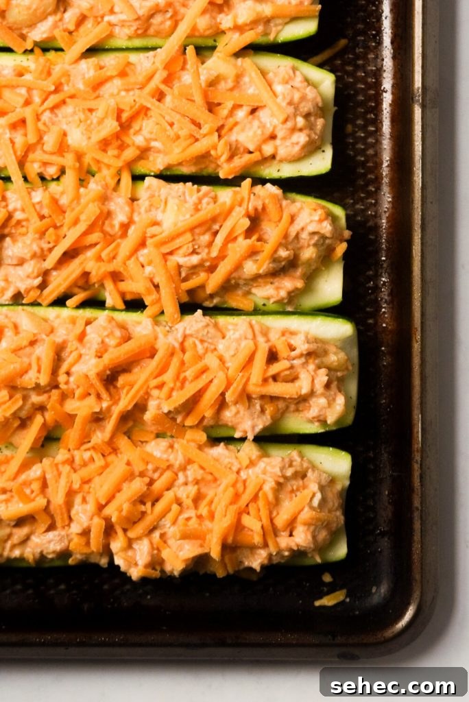 Buffalo Chicken Zucchini Boats Recipe 9 buffalo chicken zucchini boats before baking