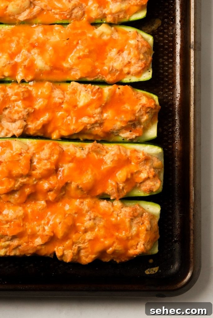 Buffalo Chicken Zucchini Boats Recipe 10 buffalo chicken zucchini boats after baking