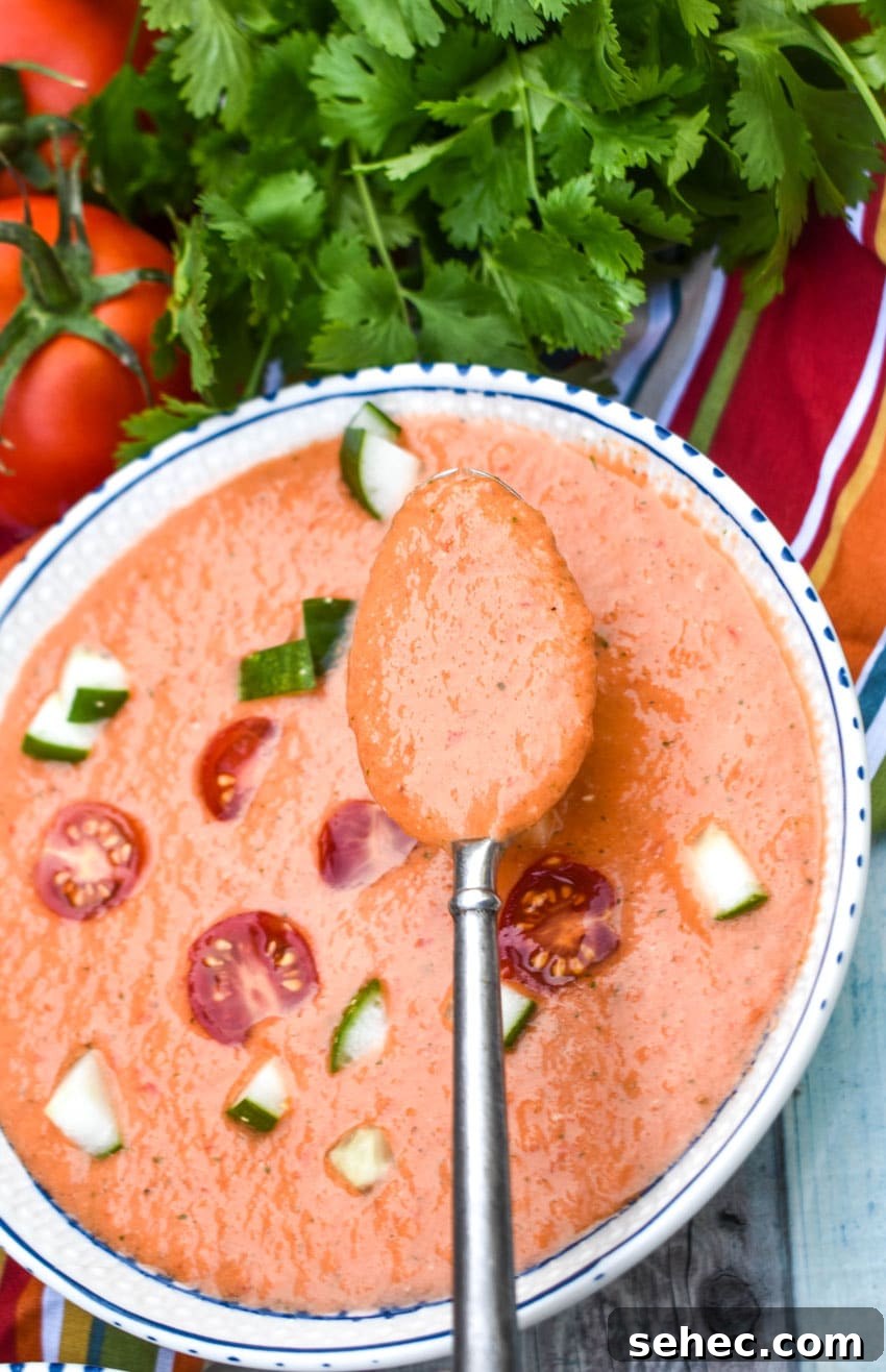 Homemade Gazpacho Recipe with Fresh Tomatoes 7 a silver spoon ladling a scoop of homemade gazpacho out of a white bowl