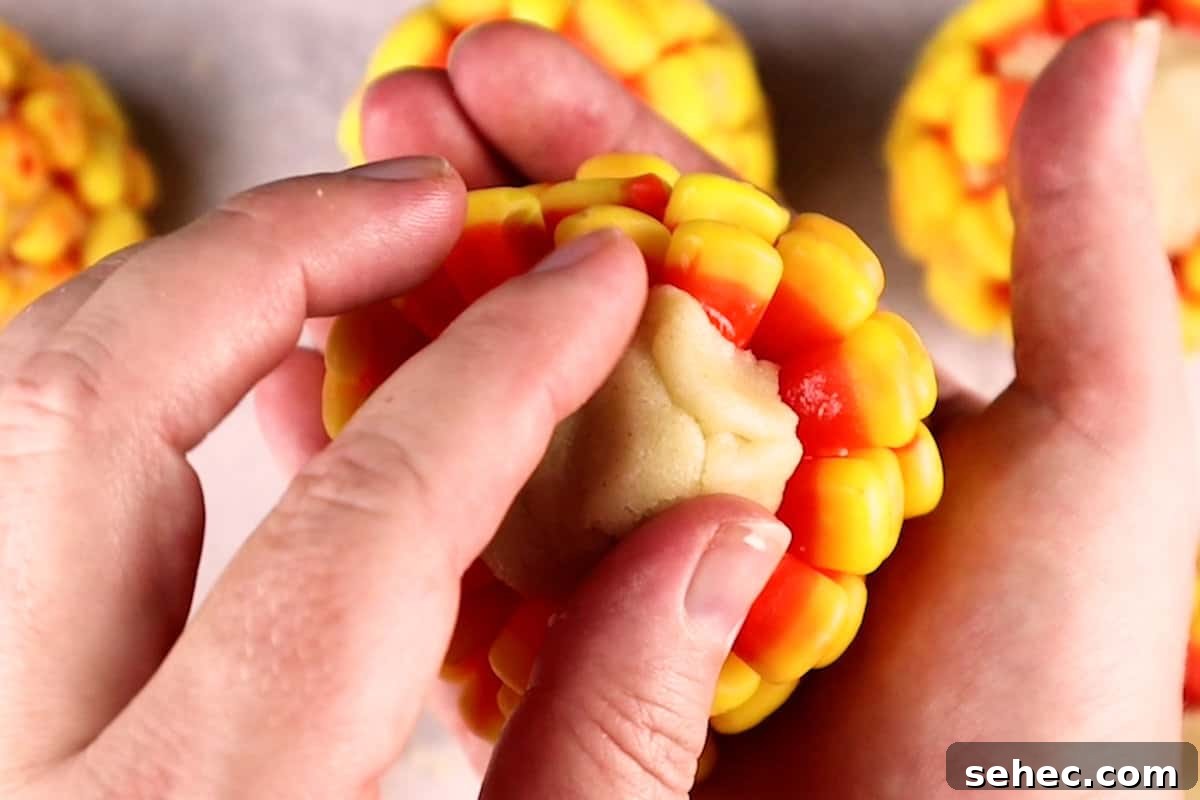 Candy Corn on the Cob Halloween Treats 11 Fixing the dough on the ends of the candy corn on the cob by pinching the dough.