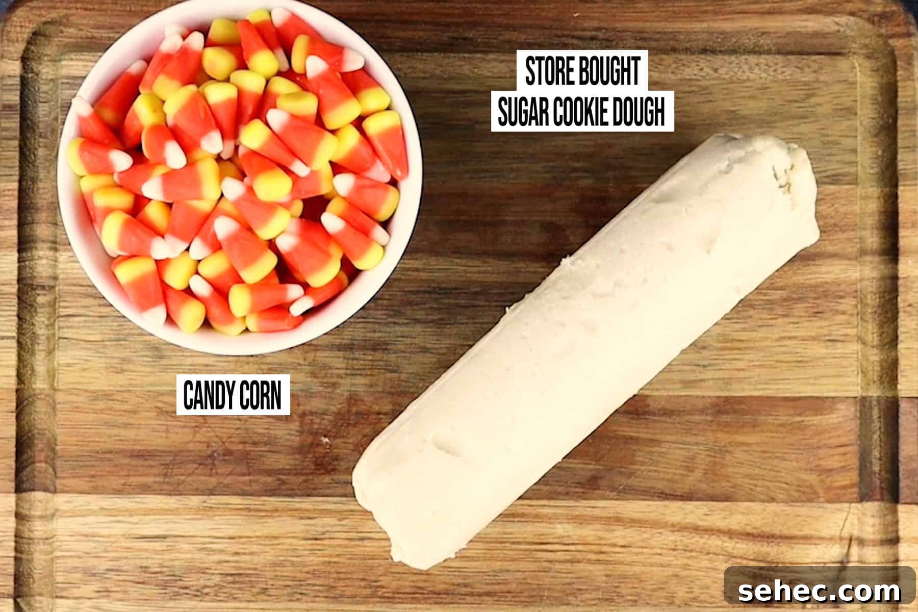 Candy Corn on the Cob Halloween Treats 4 Candy Corn on the Cob Ingredients on a wooden cutting board, labeled.