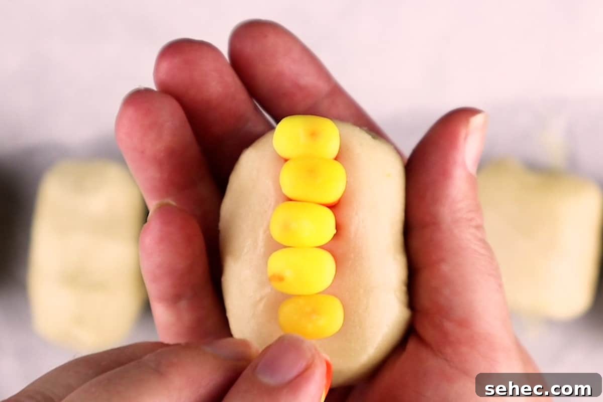 Candy Corn on the Cob Halloween Treats 7 Adding the first row of candy corn to the cookie dough.