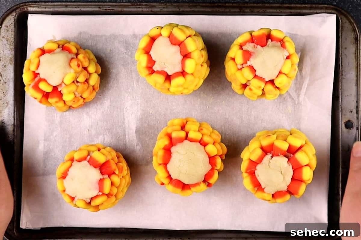 Candy Corn on the Cob Halloween Treats 9 candy corn on the cob standing on end a baking sheet after making them.