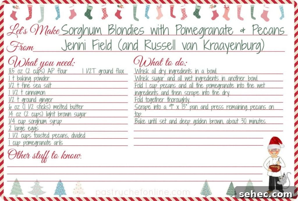 Christmas Sorghum Blondies with Pomegranate and Pecans 7 Sorghum Blondies recipe card with ingredients and instructions